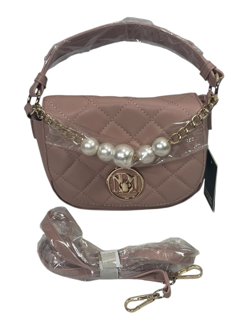 Badgley Mischka Quilted Chloe Pearl Handbag/Crossbody Blush NWT